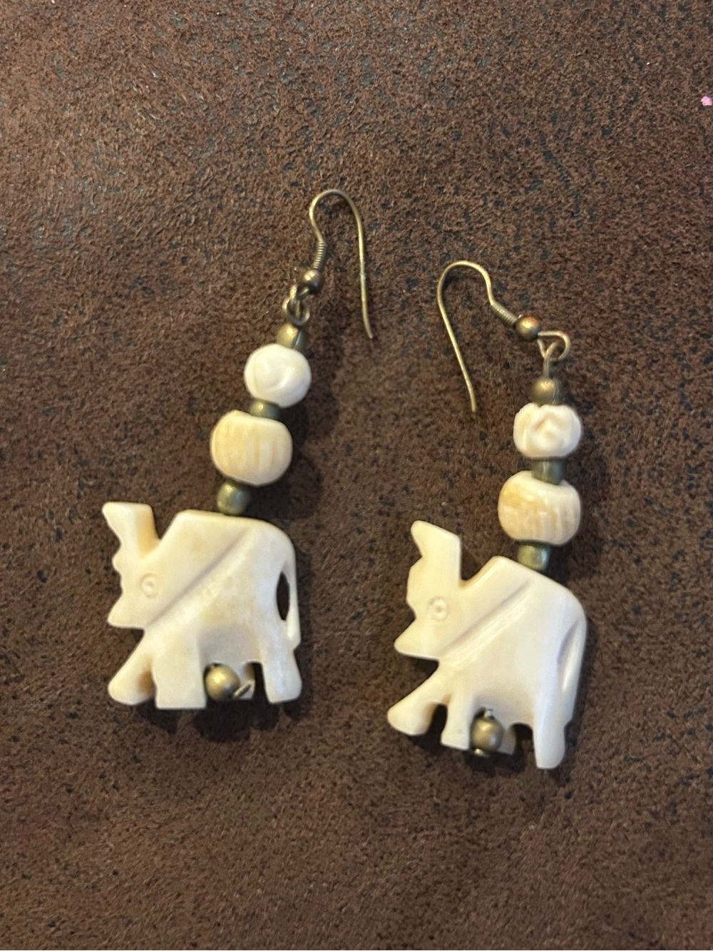 Hand Carved Bone Elephant Dangle Earrings Boho Lucky Trunk Up